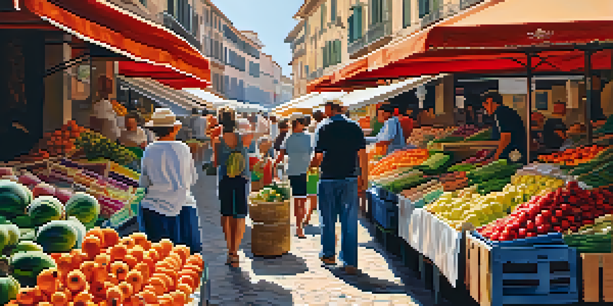 A lively Spanish market with colorful fruits and vegetables, locals shopping and chatting under soft morning light.