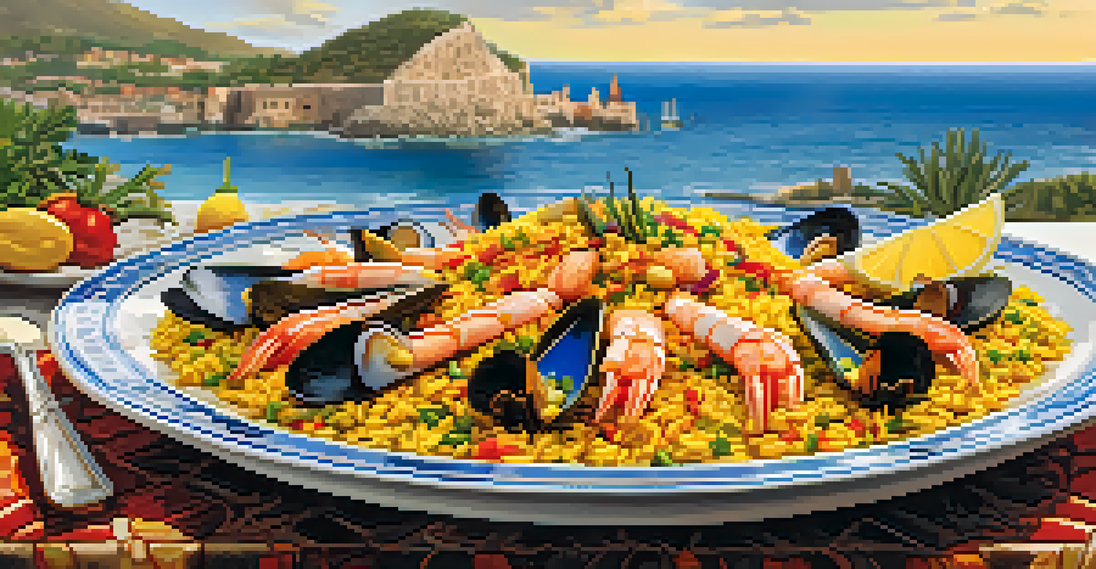 A plate of traditional paella with seafood and vegetables, set against the blue sea and beach in Valencia.