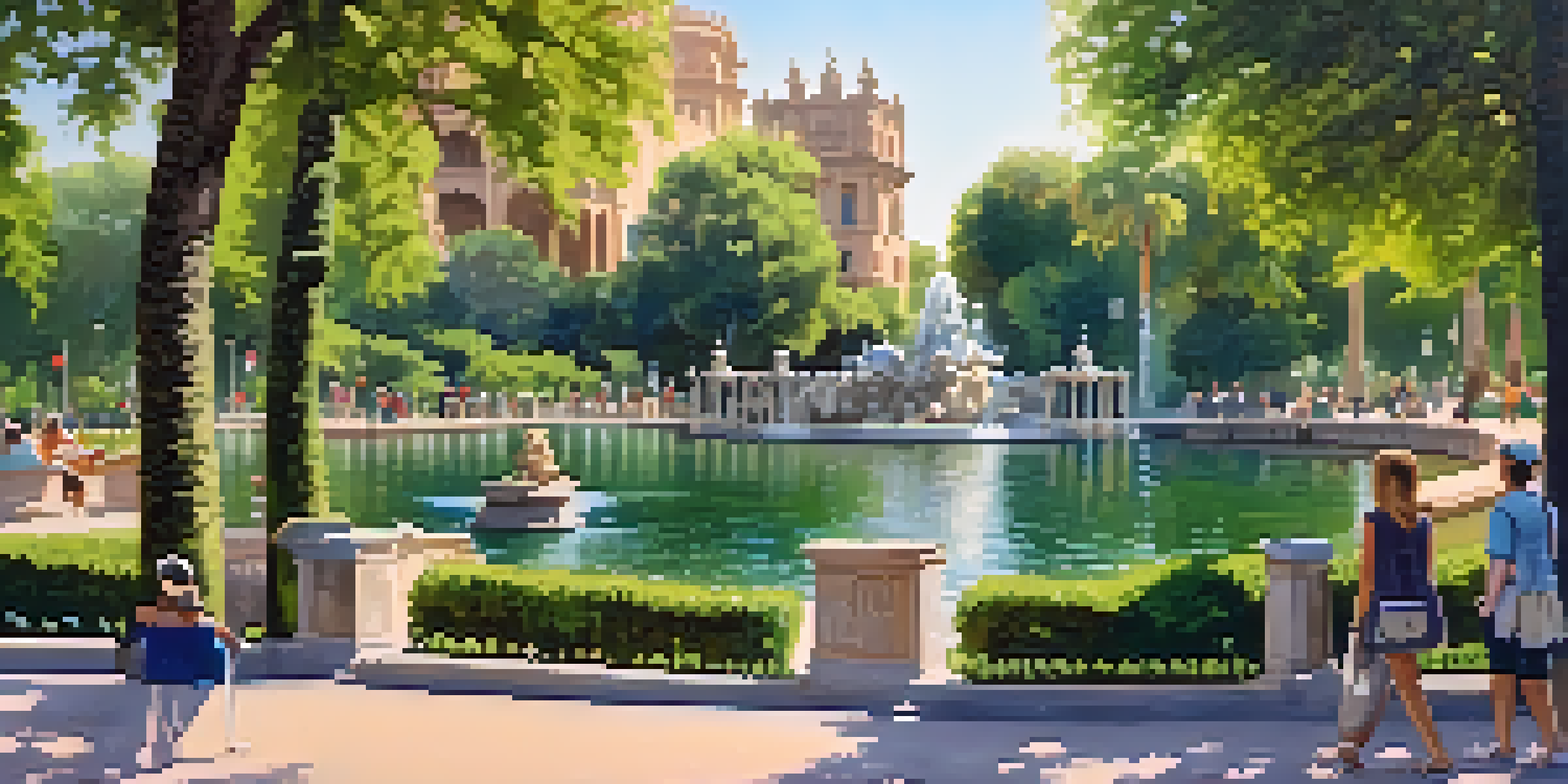 A peaceful park scene featuring a grand fountain, tree-lined paths, and a lake, with people relaxing and enjoying nature.