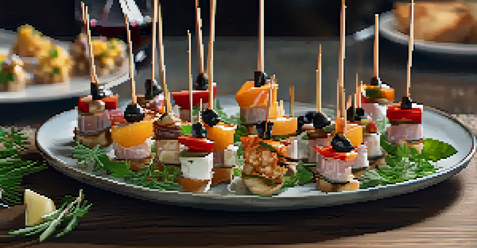 A close-up view of a plate filled with assorted Pintxos, small Basque tapas, alongside a glass of Txakoli wine on a rustic table.