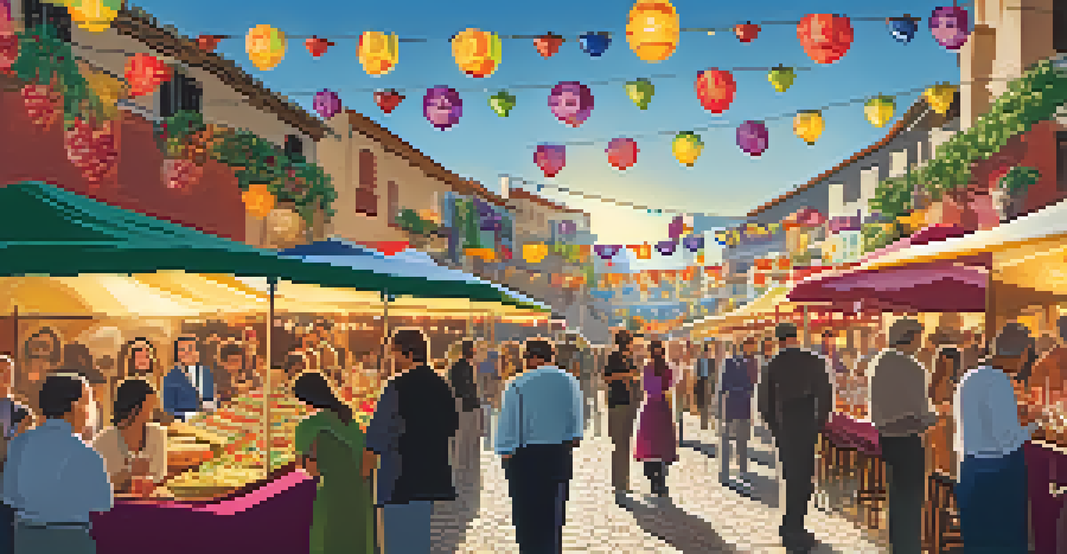 A lively Spanish wine festival with stalls of food and wine, featuring visitors enjoying tastings and musicians performing.