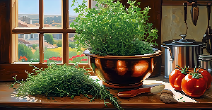 A bright kitchen with fresh herbs and a bowl of Spanish stew on a wooden countertop, illuminated by sunlight.