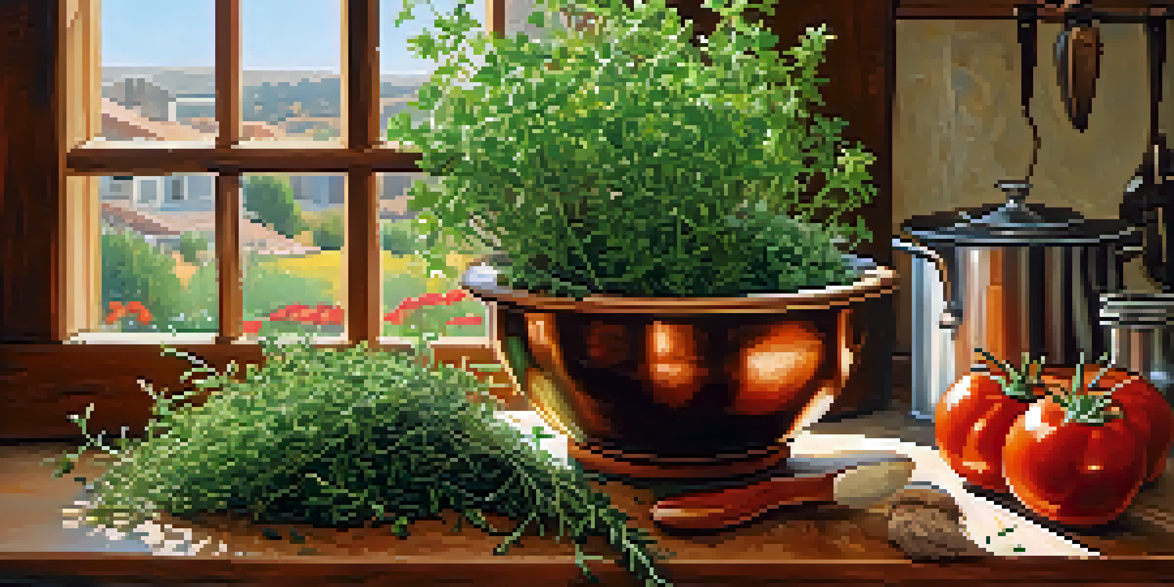 A bright kitchen with fresh herbs and a bowl of Spanish stew on a wooden countertop, illuminated by sunlight.