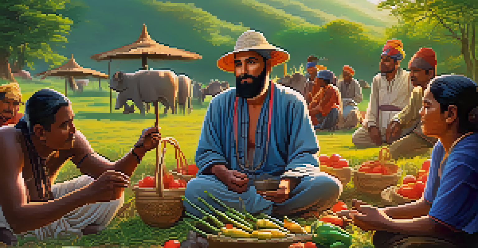 Basajaun teaches villagers about agriculture in a bright glade, surrounded by tools, crops, and grazing animals.