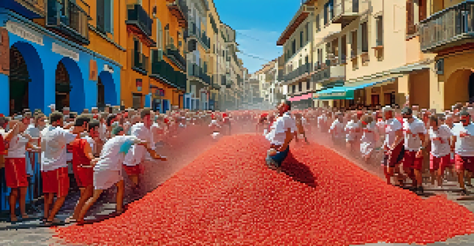 A vibrant scene of people engaged in the La Tomatina tomato fight, with red tomatoes flying through the air and participants smiling and laughing.