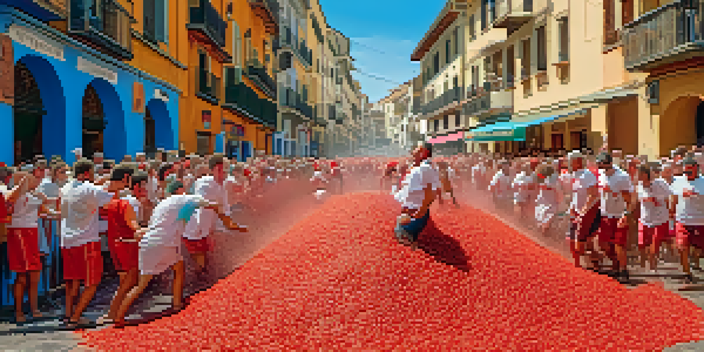 A vibrant scene of people engaged in the La Tomatina tomato fight, with red tomatoes flying through the air and participants smiling and laughing.