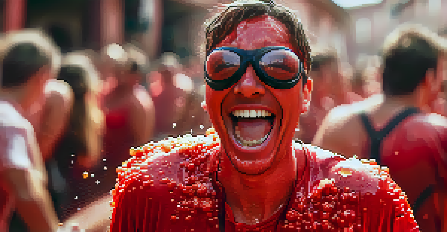 A joyful participant with goggles and a red-stained shirt, laughing while holding a tomato at La Tomatina festival.