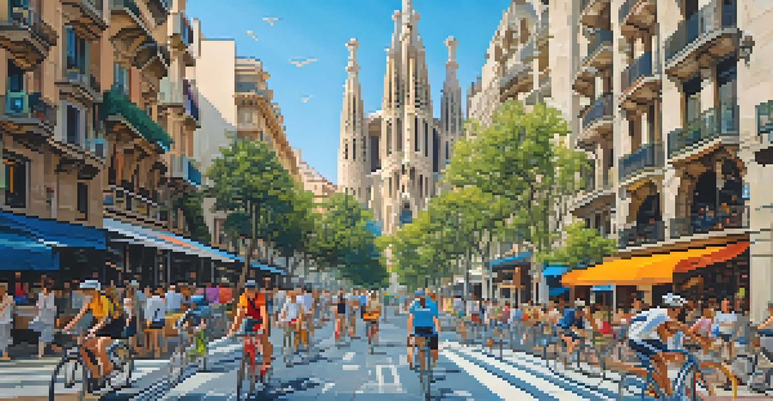 A vibrant urban cycling scene in Barcelona with cyclists on a bike lane and Gaudí's architecture in the background.