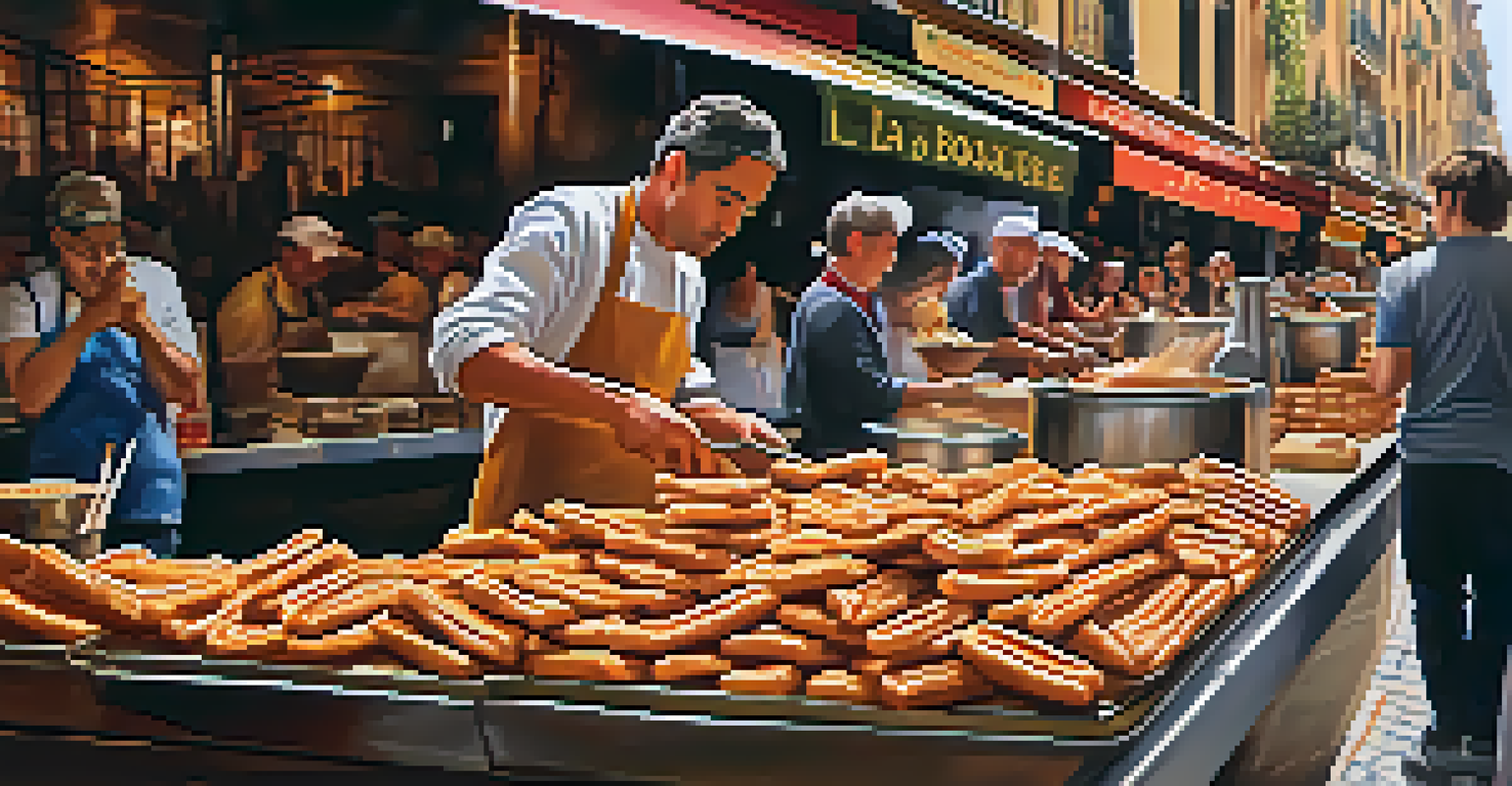 An artisan preparing churros con chocolate at La Boqueria market, showcasing the delicious churros being dipped into rich chocolate sauce.