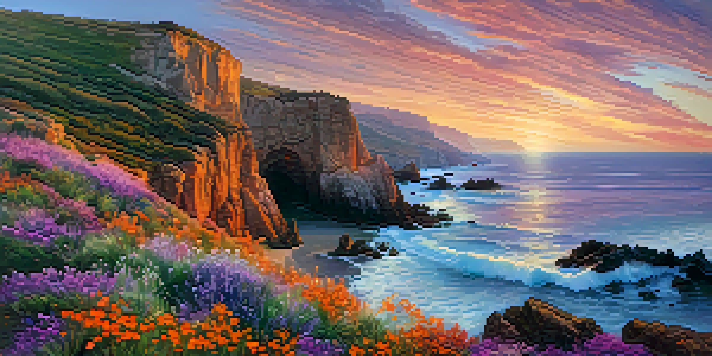 A beautiful sunset over rugged cliffs and wildflowers along the coast of Spain.