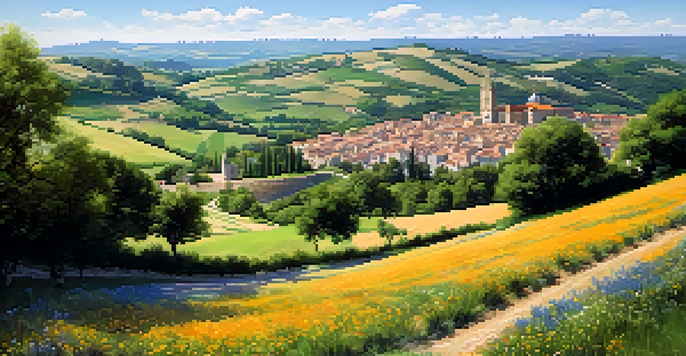 A picturesque landscape of the Camino de Santiago trail featuring green hills, wildflowers, and a medieval village in the distance.