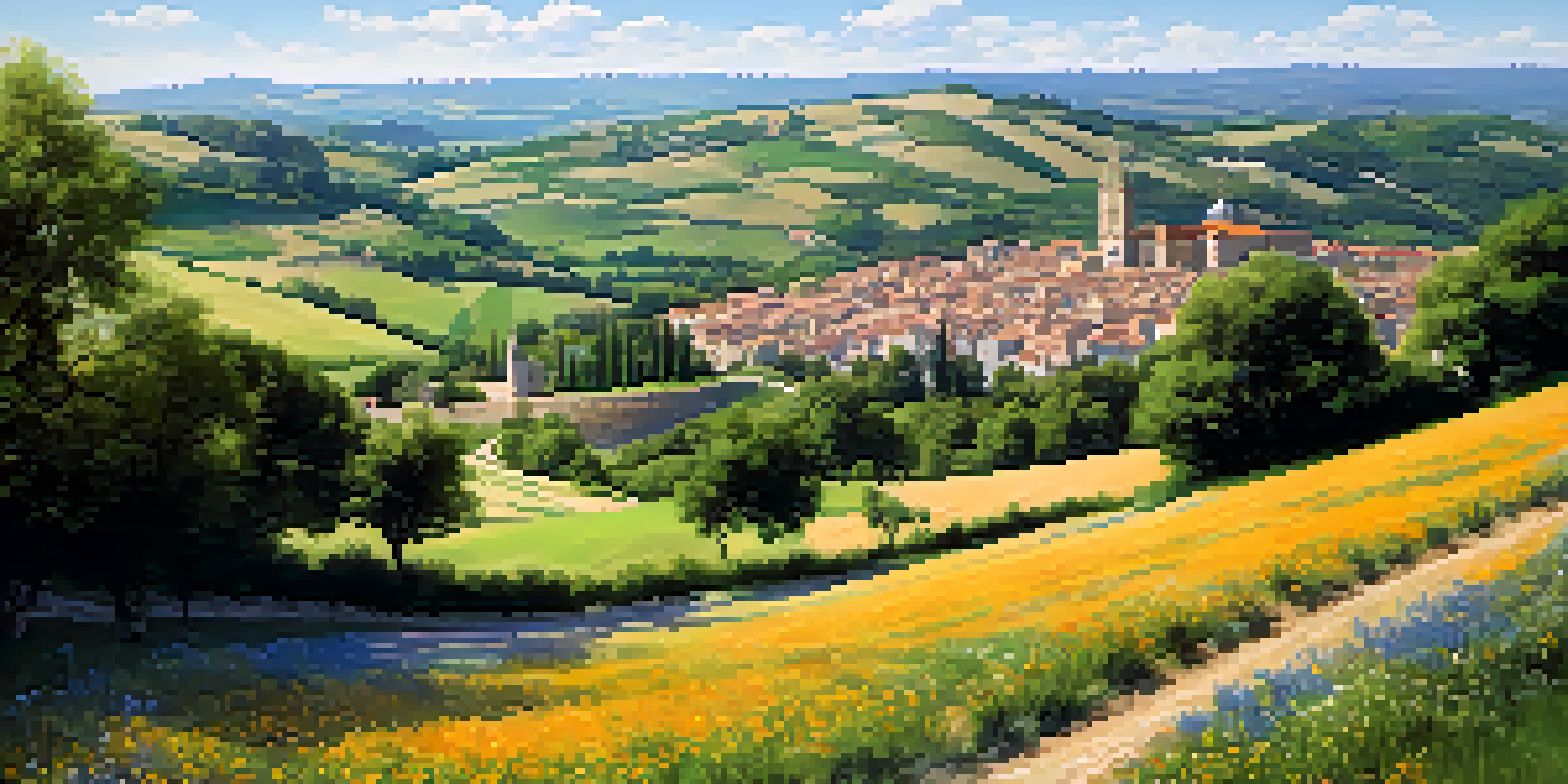 A picturesque landscape of the Camino de Santiago trail featuring green hills, wildflowers, and a medieval village in the distance.