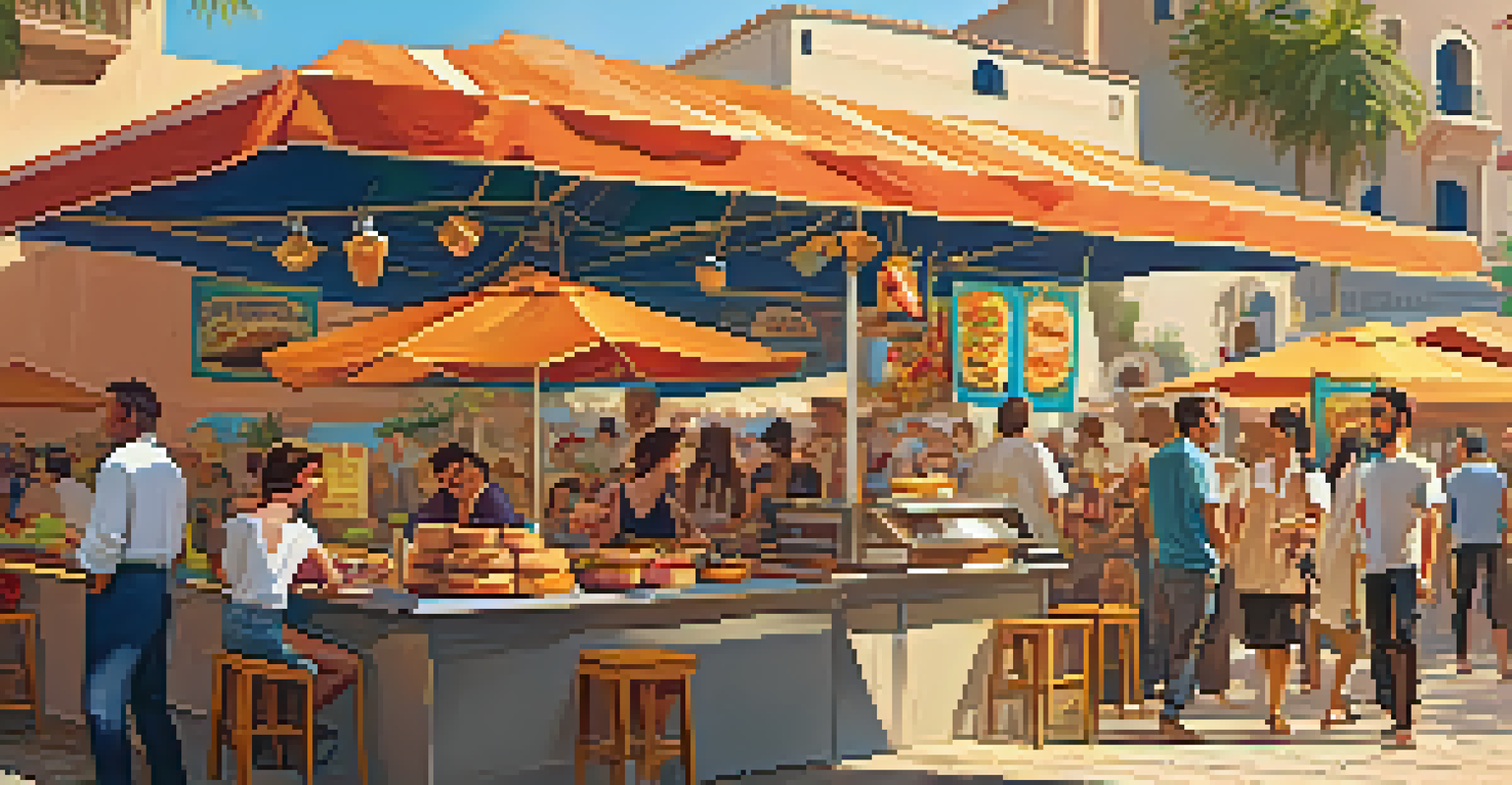 A lively food stall area at the festival, featuring diverse culinary options and happy attendees.