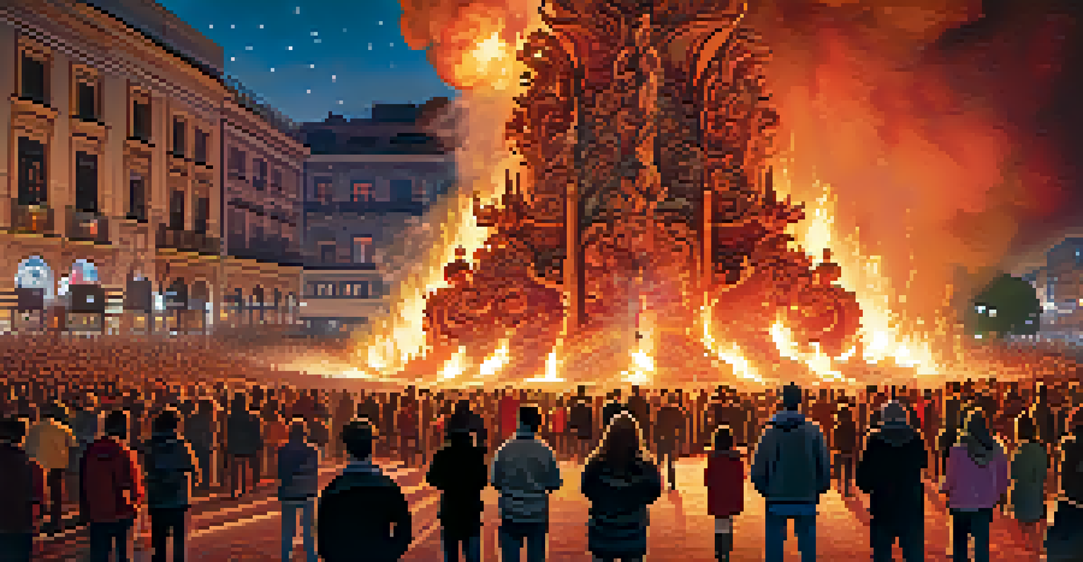 A dramatic scene of the burning of a falla sculpture at night, with flames and sparks lighting up the sky and spectators watching.