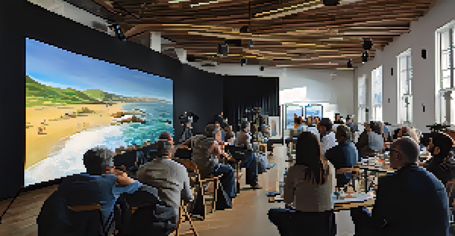 A workshop scene at the San Sebastián Film Festival featuring emerging filmmakers participating in a panel discussion, with natural light and film clips in view.