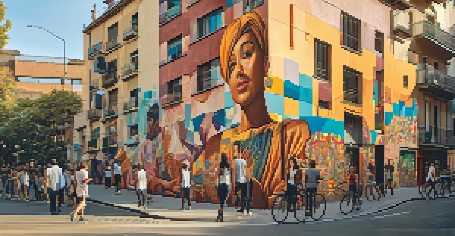 A large-scale mural in Lavapiés, Madrid, showcasing cultural elements and colorful designs, with people interacting nearby.
