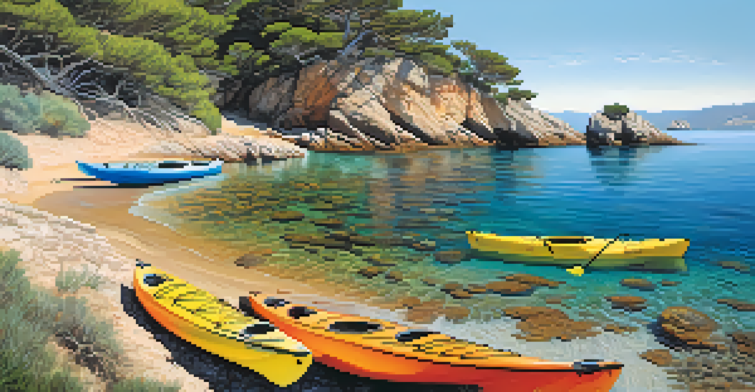 A kayak in the clear waters of Costa Brava, near hidden coves and rocky cliffs, under bright sunlight.