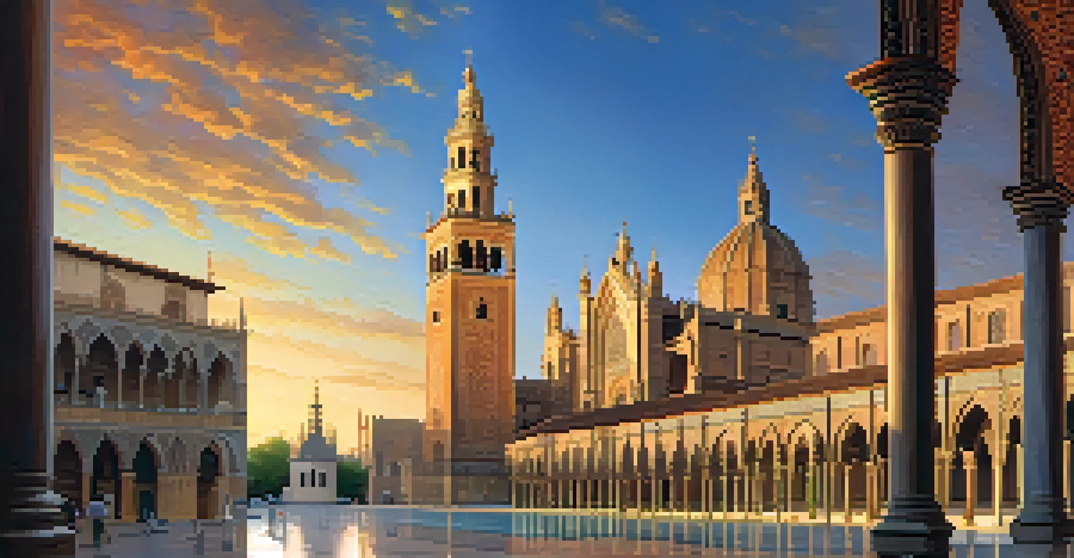 Exterior view of the Cathedral of Seville at sunset, showcasing Gothic spires and intricate tile work.