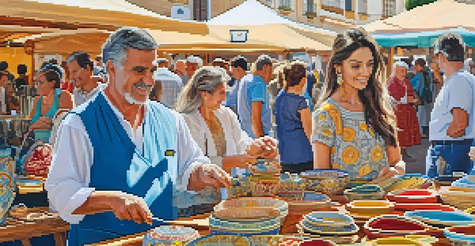 Artisans showcasing handcrafted jewelry and traditional ceramics at the Feria de Abril in Seville, with vibrant colors and intricate designs.