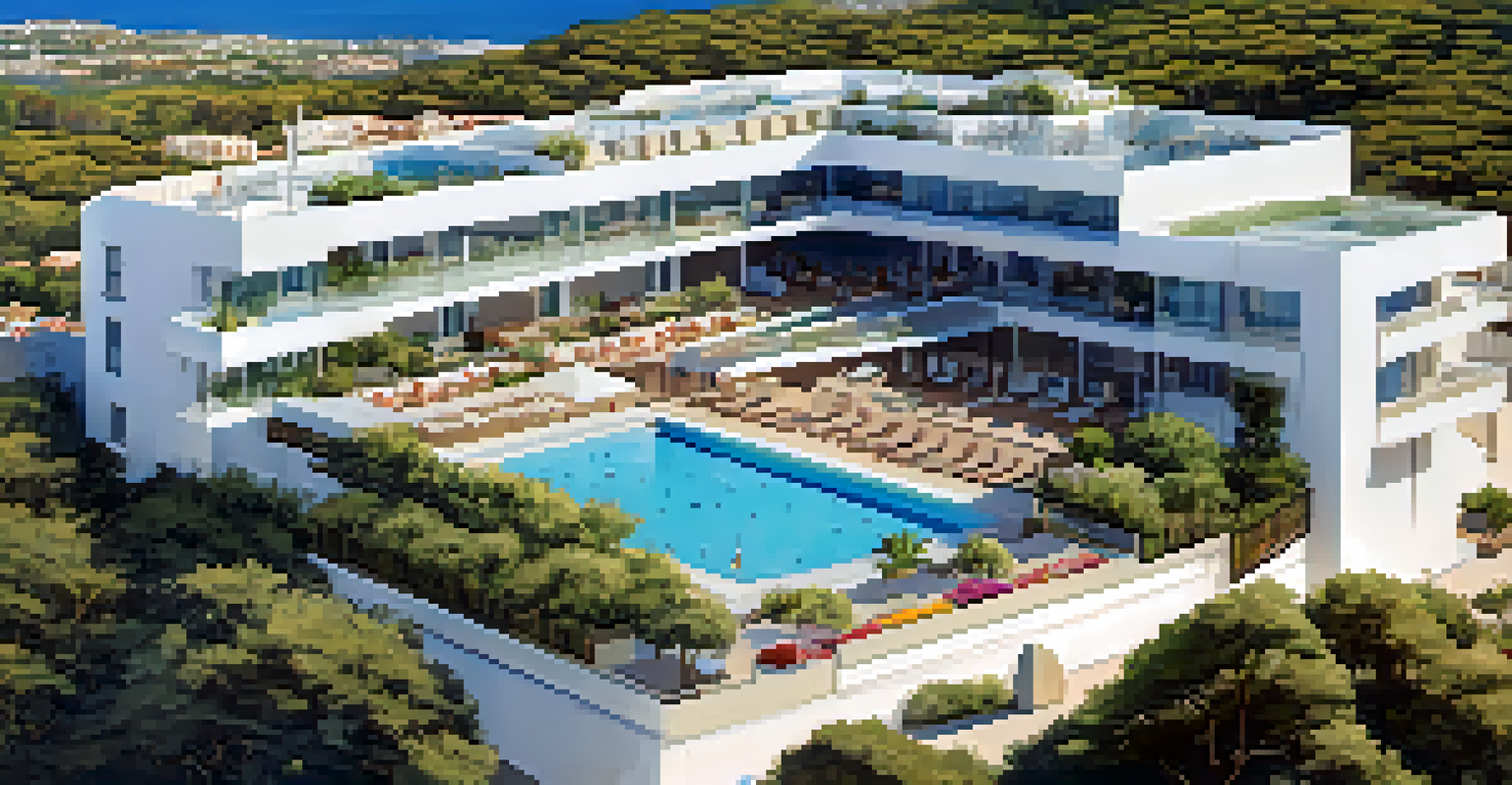 A stunning aerial view of Aguas de Ibiza with its rooftop pool and Mediterranean Sea in the background.