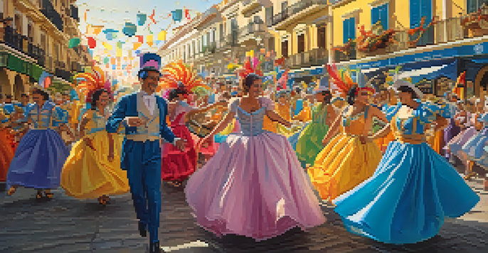 A lively street filled with people in colorful costumes celebrating the Carnival of Cádiz, with decorations and music notes in a warm evening light.