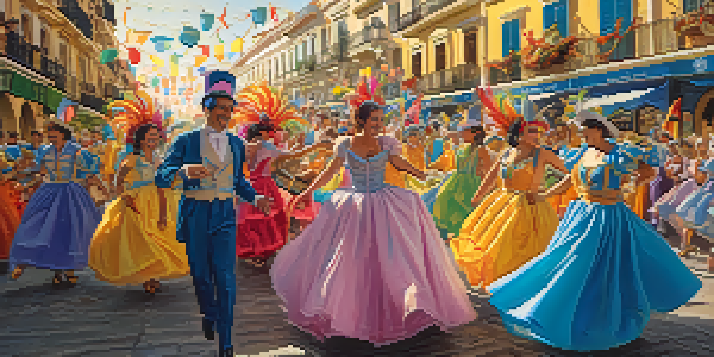 A lively street filled with people in colorful costumes celebrating the Carnival of Cádiz, with decorations and music notes in a warm evening light.