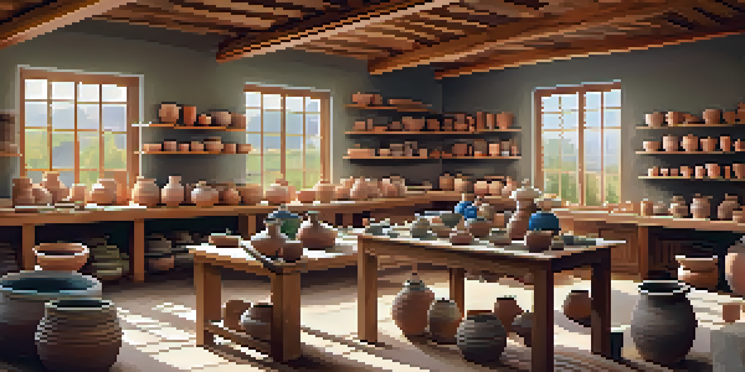 Artisans working in a pottery workshop with sunlight illuminating clay and pottery pieces.