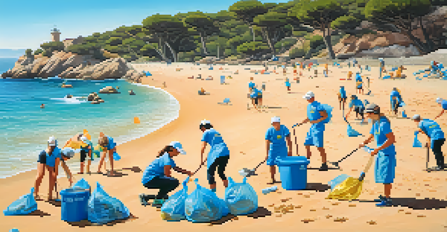 Volunteers cleaning the beach at Costa Brava, with clear blue water and golden sand in the background.