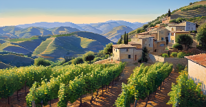 A scenic view of terraced vineyards in the Priorat wine region with a farmhouse and colorful wildflowers.