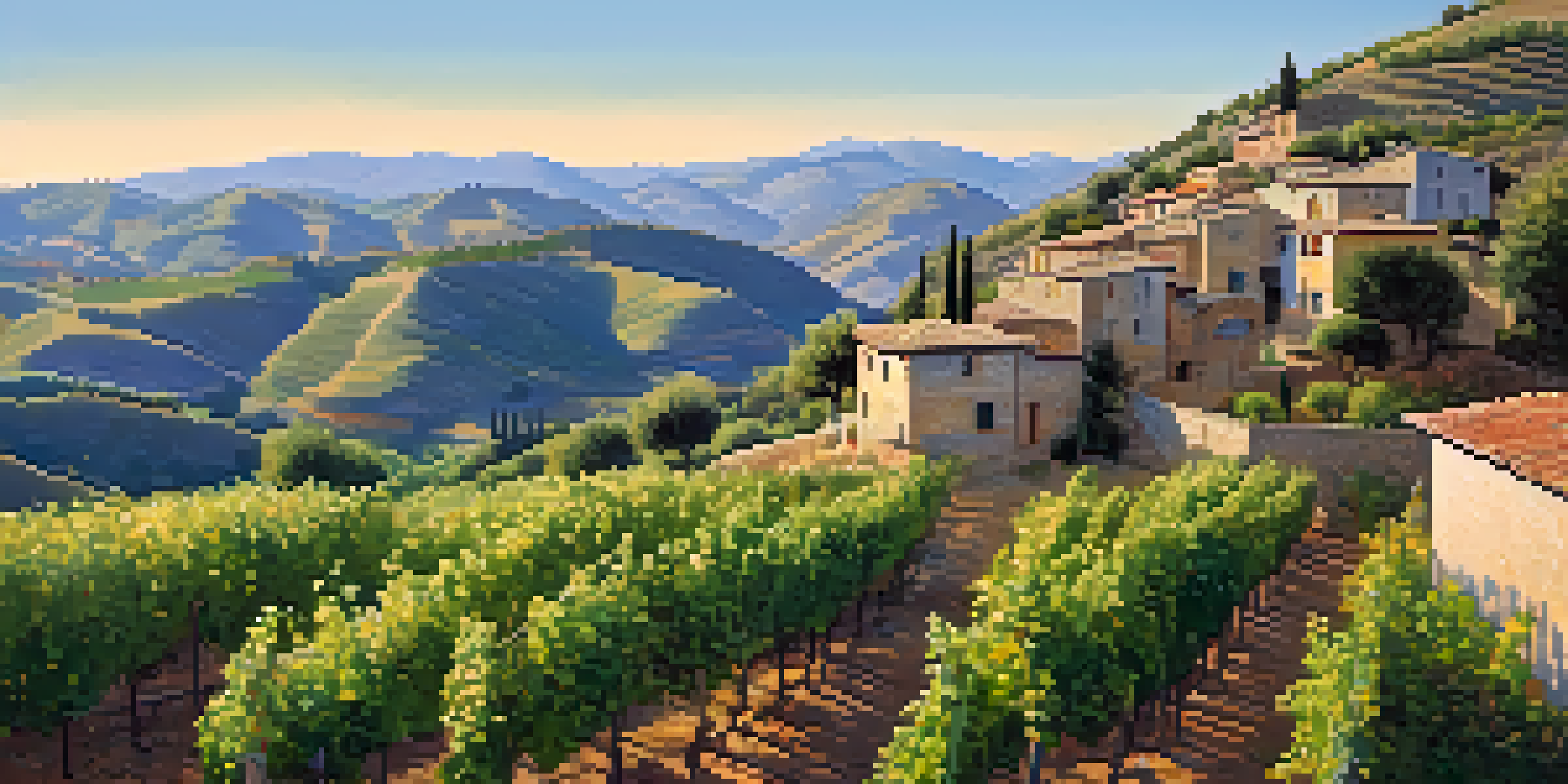 A scenic view of terraced vineyards in the Priorat wine region with a farmhouse and colorful wildflowers.
