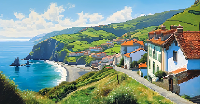 A scenic coastal road in Asturias with cliffs, ocean, and colorful houses.
