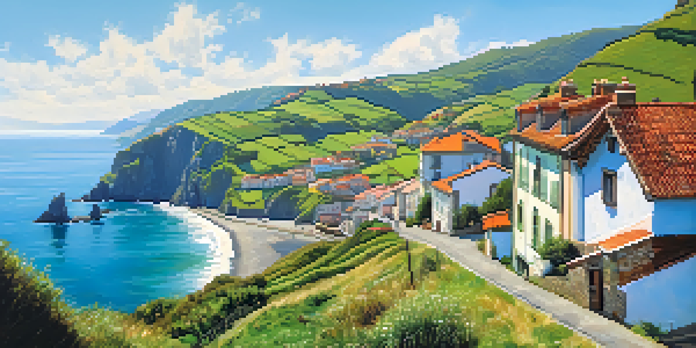 A scenic coastal road in Asturias with cliffs, ocean, and colorful houses.