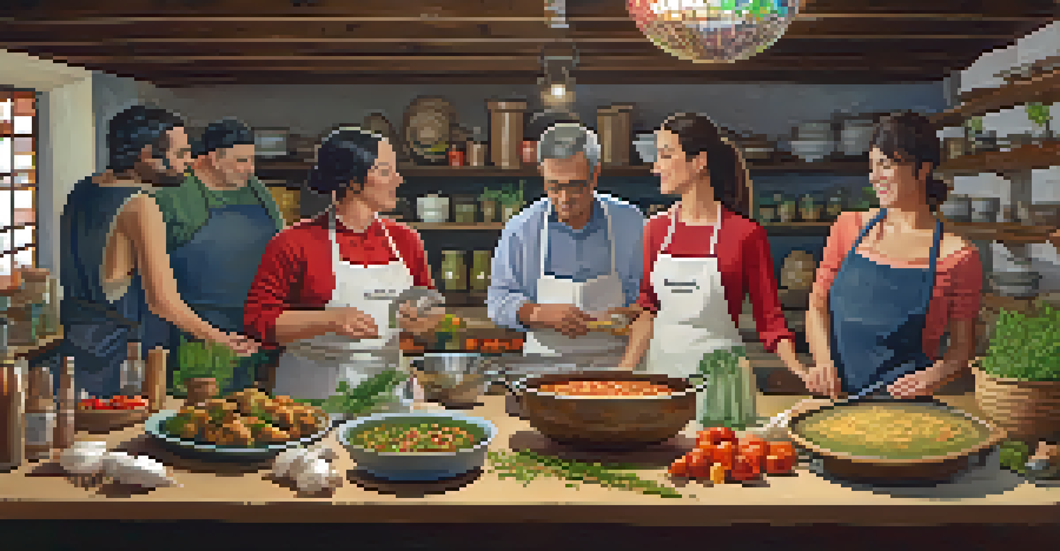 A traditional Spanish cooking class in a rustic kitchen with participants preparing local dishes together.