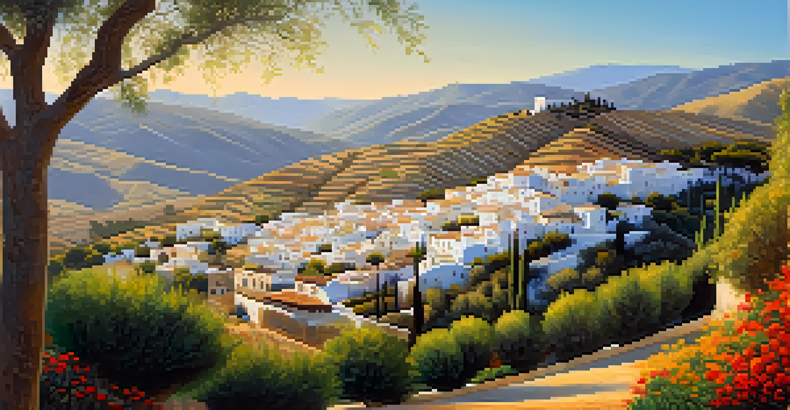A charming whitewashed village in Andalusia surrounded by olive groves, illuminated by the setting sun.