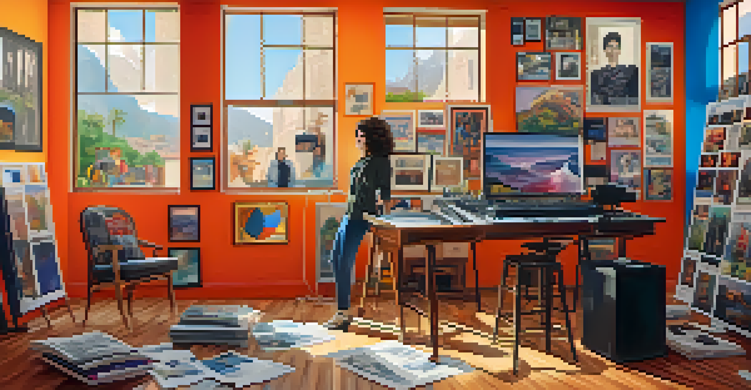 A modern Spanish filmmaker in a vibrant studio with film equipment and a diverse team discussing a project.