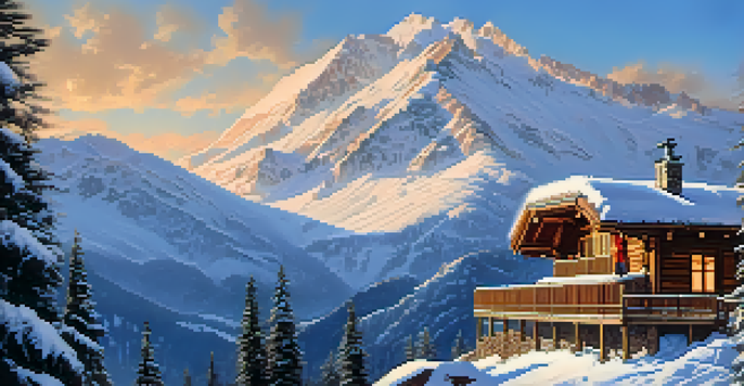 A snowboarder carving through fresh powder in the Sierra Nevada mountains, with a cozy lodge and snow-dusted pine trees in the background under a bright blue sky.