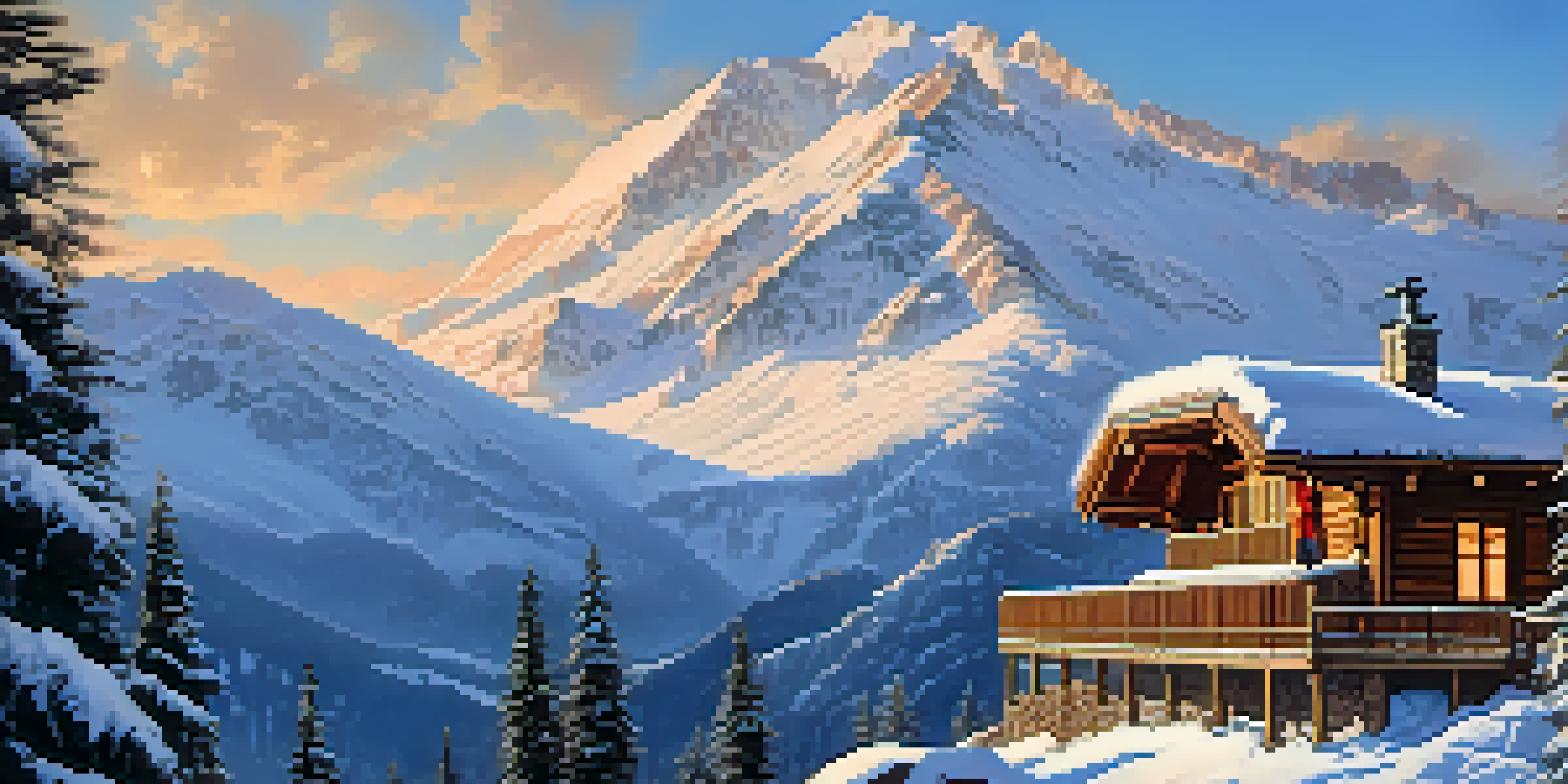 A snowboarder carving through fresh powder in the Sierra Nevada mountains, with a cozy lodge and snow-dusted pine trees in the background under a bright blue sky.