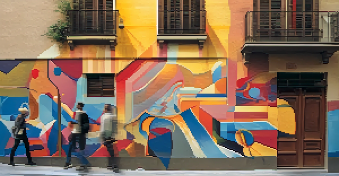 A lively street scene in El Raval, Barcelona, with a colorful mural and people walking by.