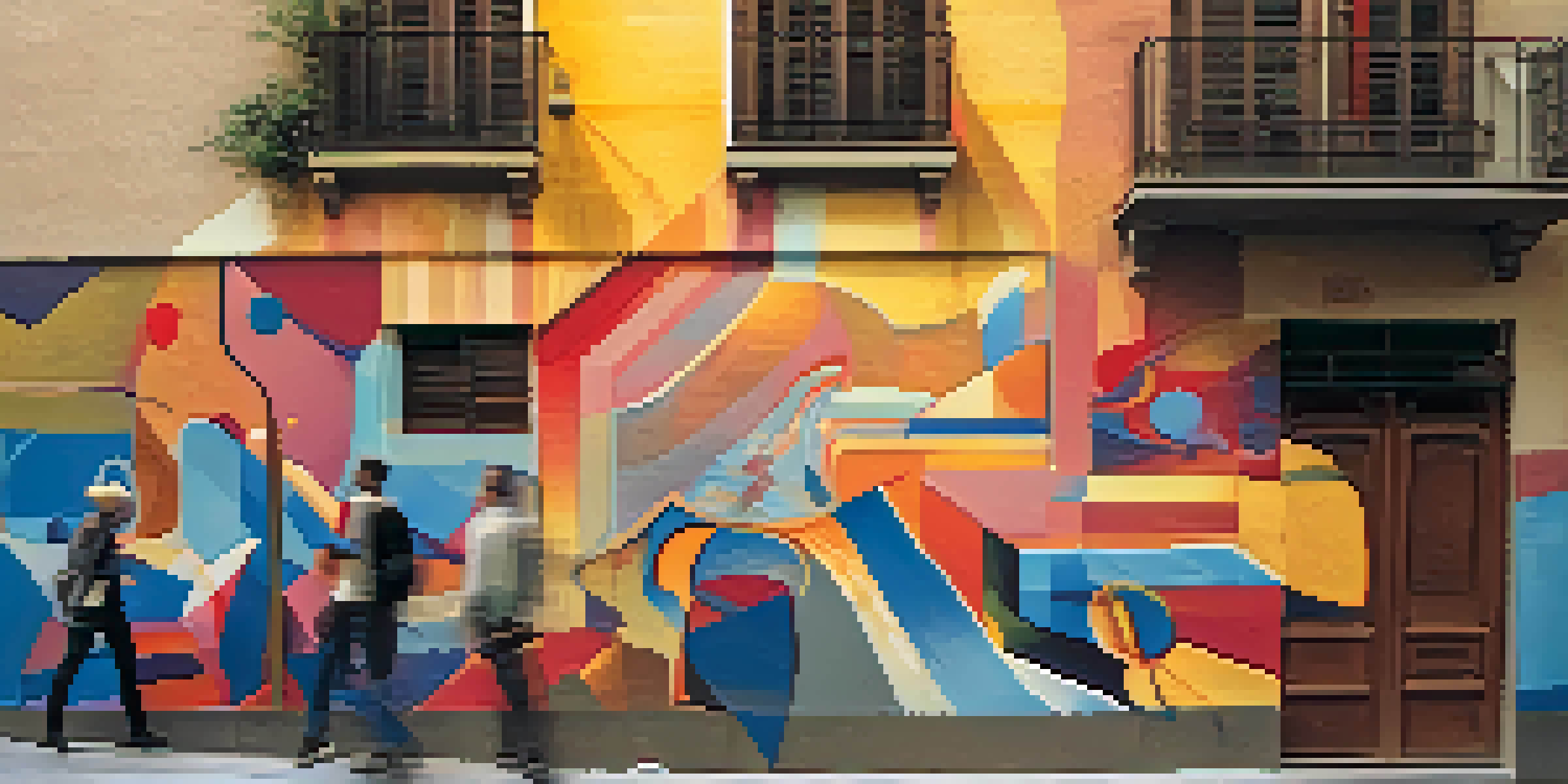 A lively street scene in El Raval, Barcelona, with a colorful mural and people walking by.