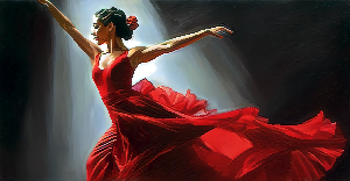 A Flamenco dancer in a red dress performing a twirl on stage, with warm lighting focusing on her movements.