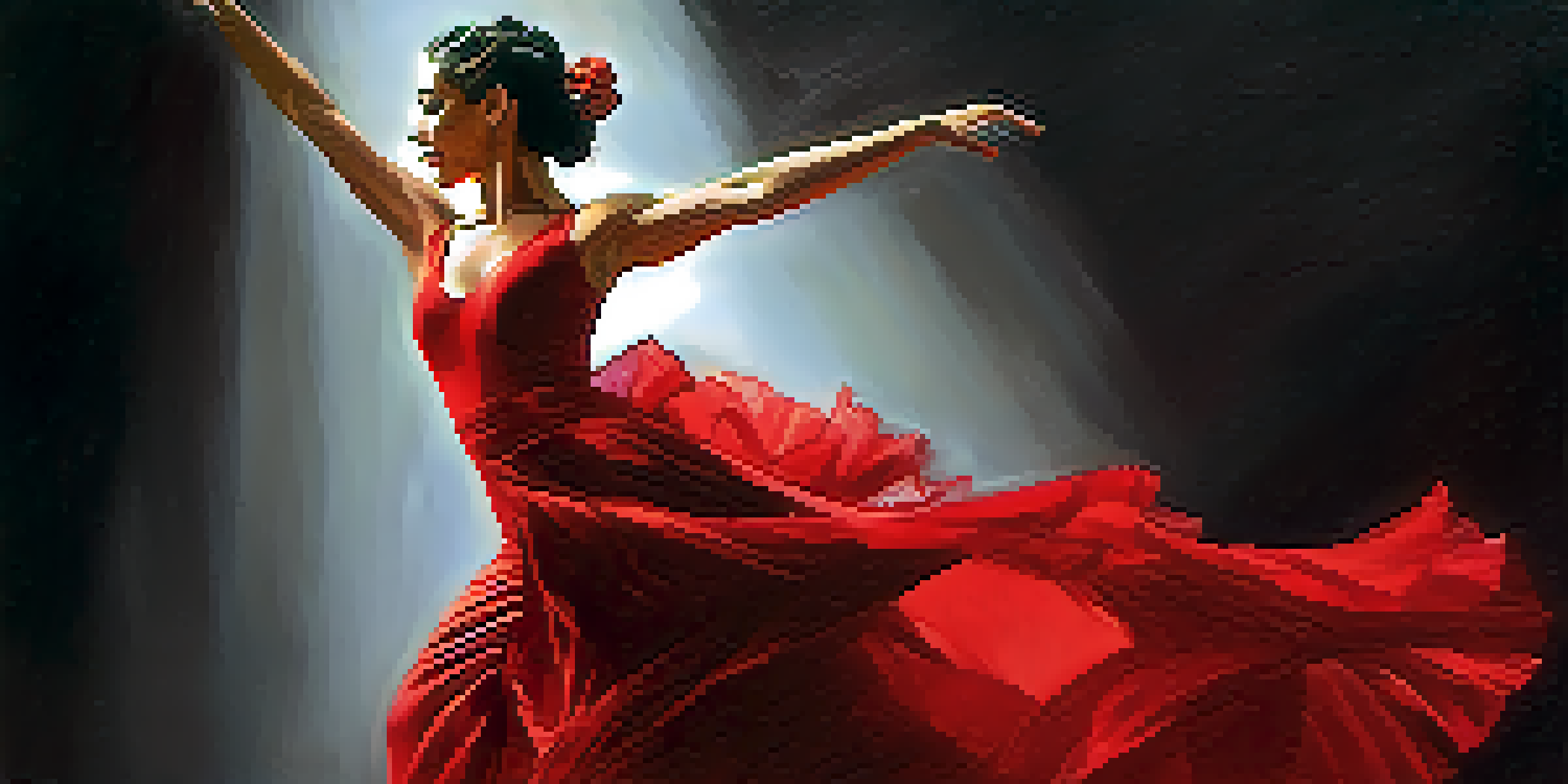 A Flamenco dancer in a red dress performing a twirl on stage, with warm lighting focusing on her movements.