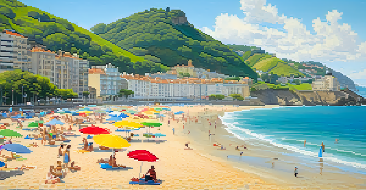 A tranquil beach with golden sands and clear waters, surfers riding gentle waves, and lush hills in the background under a bright blue sky.