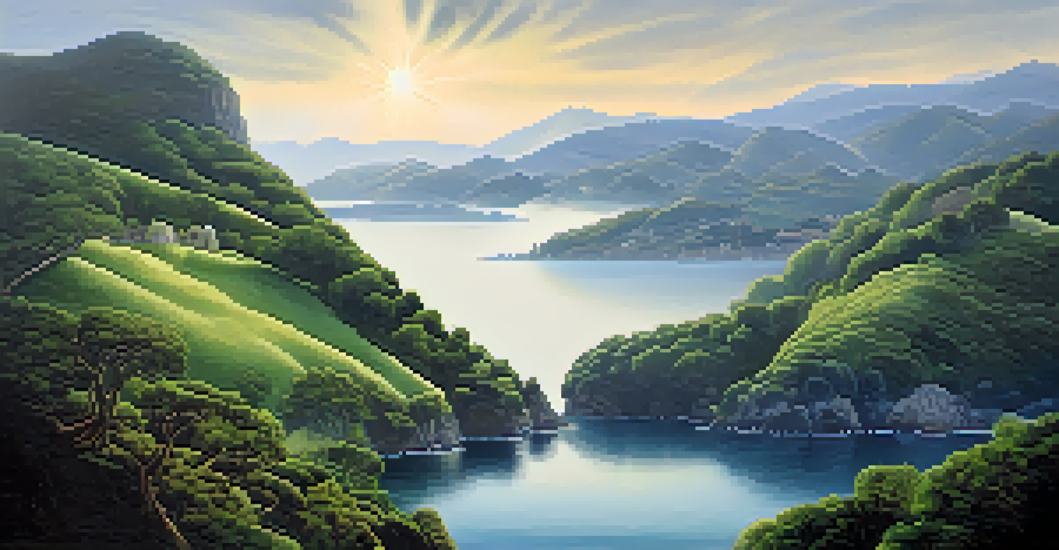 A mystical landscape in Galicia featuring misty mountains and a sea, with an enchantress amidst lush greenery.