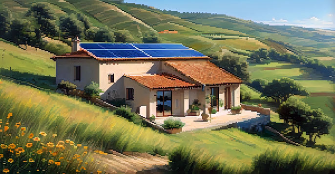 A picturesque farmhouse in the Spanish countryside with solar panels, surrounded by vibrant wildflowers and green hills, under a sunny sky.