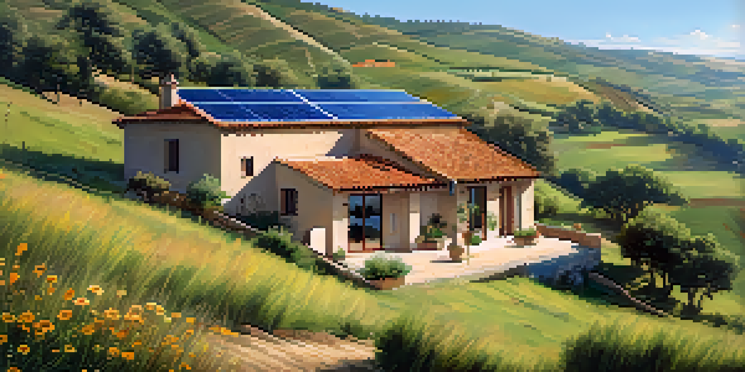 A picturesque farmhouse in the Spanish countryside with solar panels, surrounded by vibrant wildflowers and green hills, under a sunny sky.