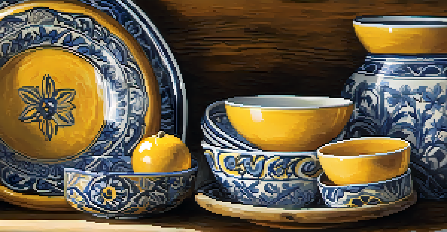 A close-up view of traditional Talavera ceramics showcasing detailed patterns and vibrant colors on a wooden table.