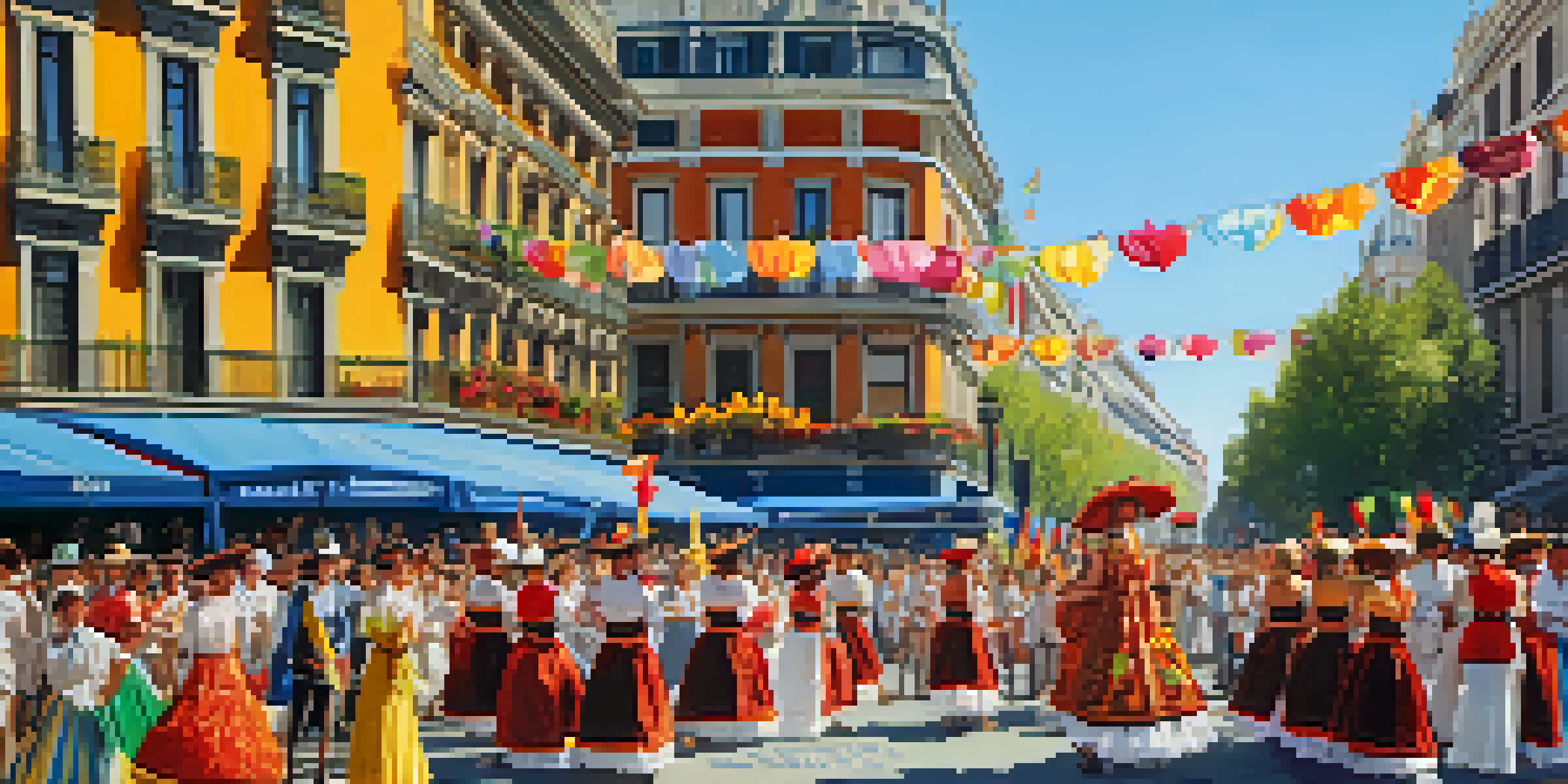 A lively parade scene at the San Isidro Festival in Madrid, filled with colorful floats, traditional costumes, and historic buildings in the background.