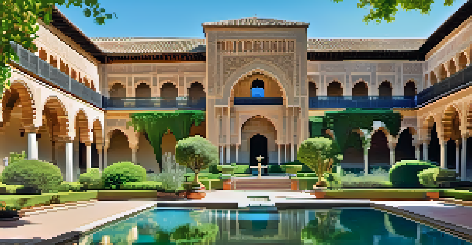 A stunning view of the Alhambra with lush gardens and visitors exploring under a clear blue sky.