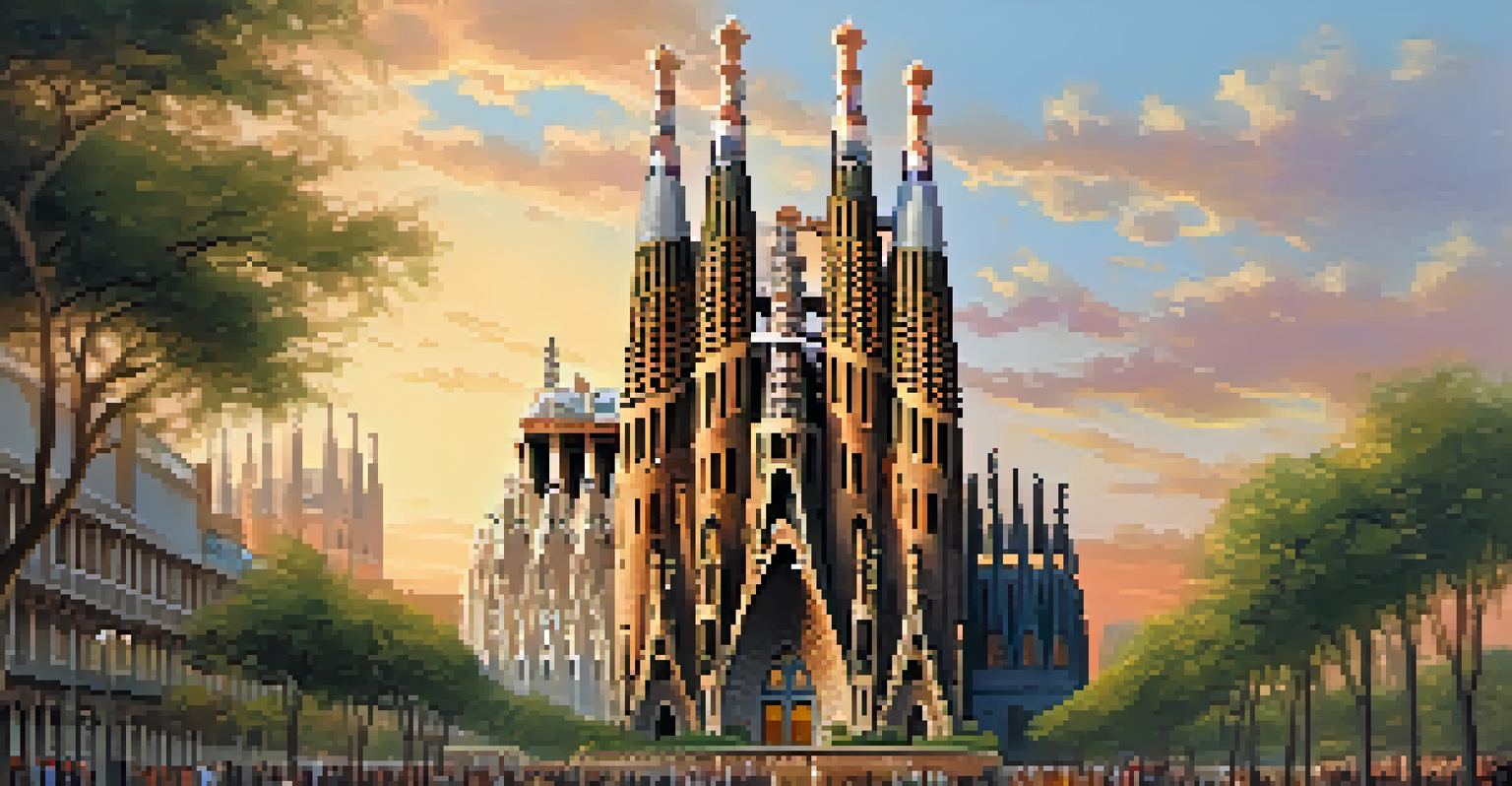 The Sagrada Familia in Barcelona during sunset, showcasing its intricate architecture and surrounded by greenery, with people admiring the structure.