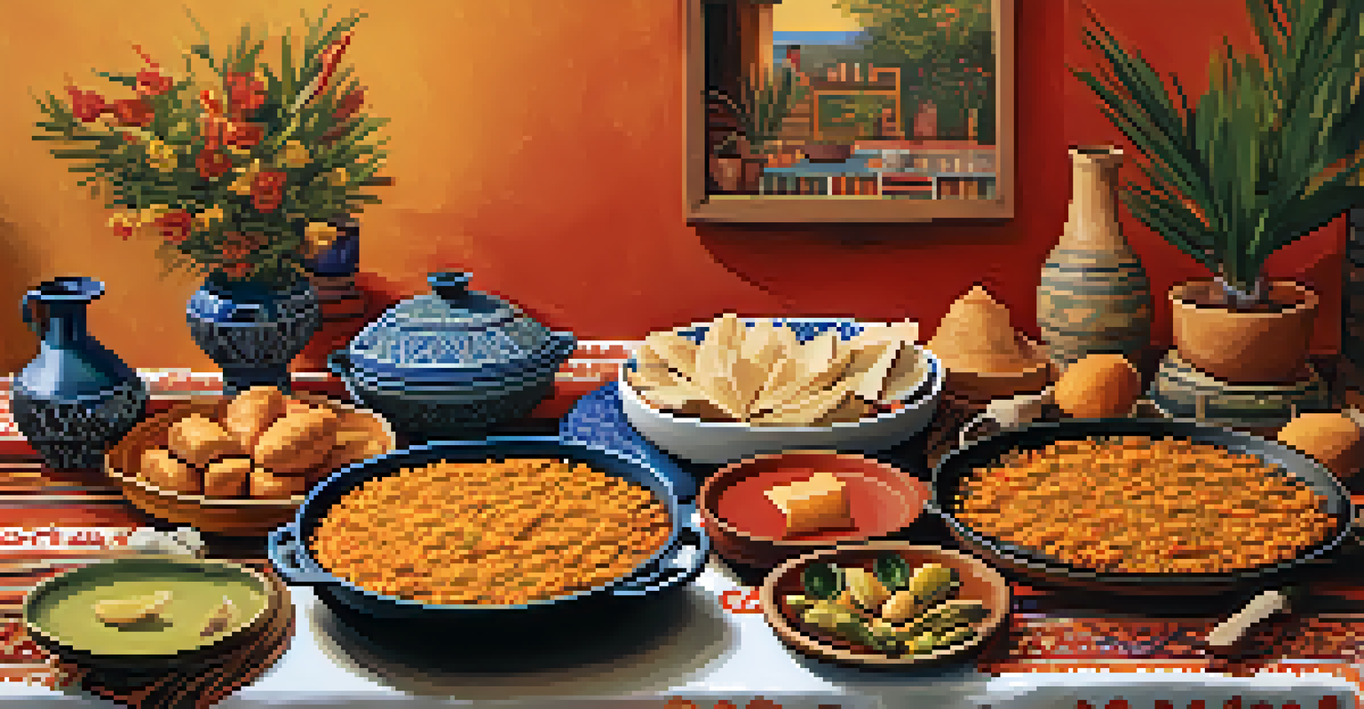 A table set with a fusion of Spanish and indigenous dishes, showcasing paella and tamales, surrounded by colorful textiles and pottery.